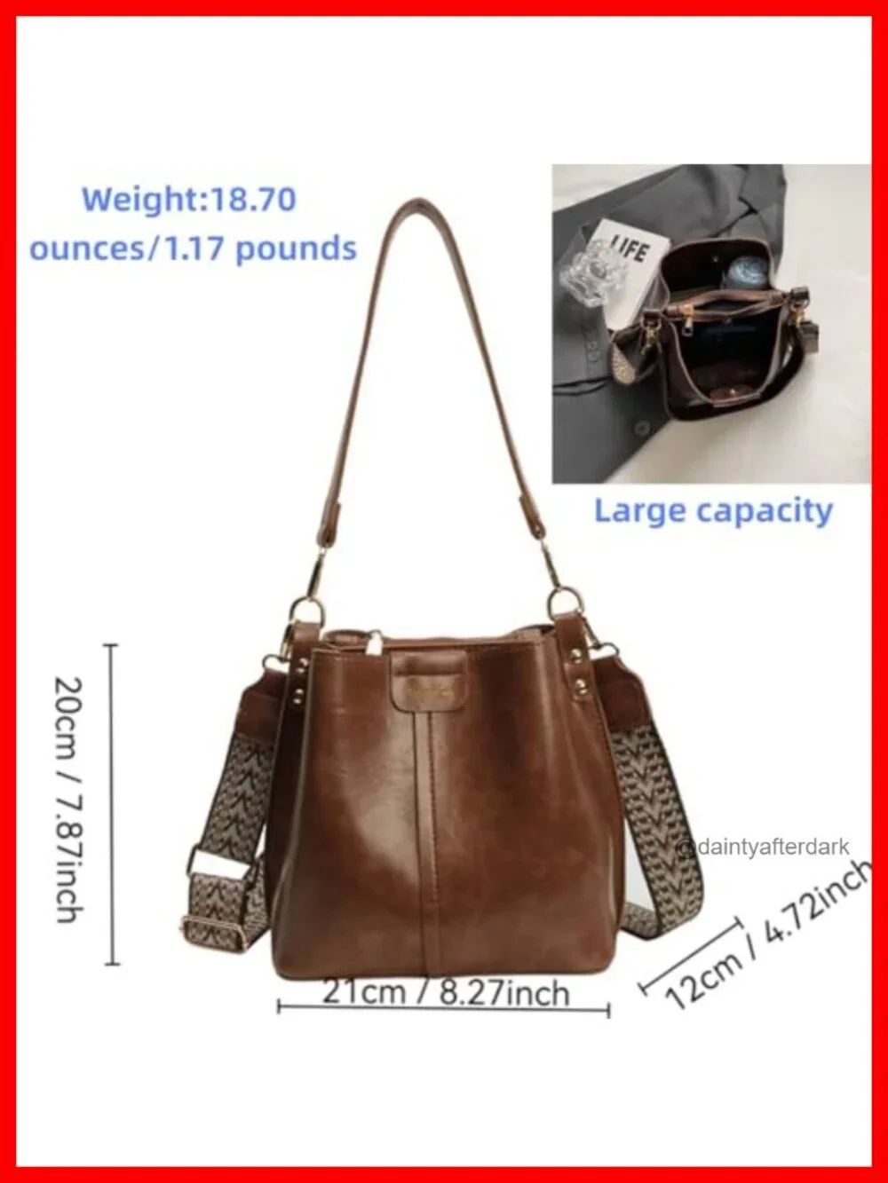 Vintage Bucket Crossbody Bag for Women, Large Capacity, Adjustable Strap,